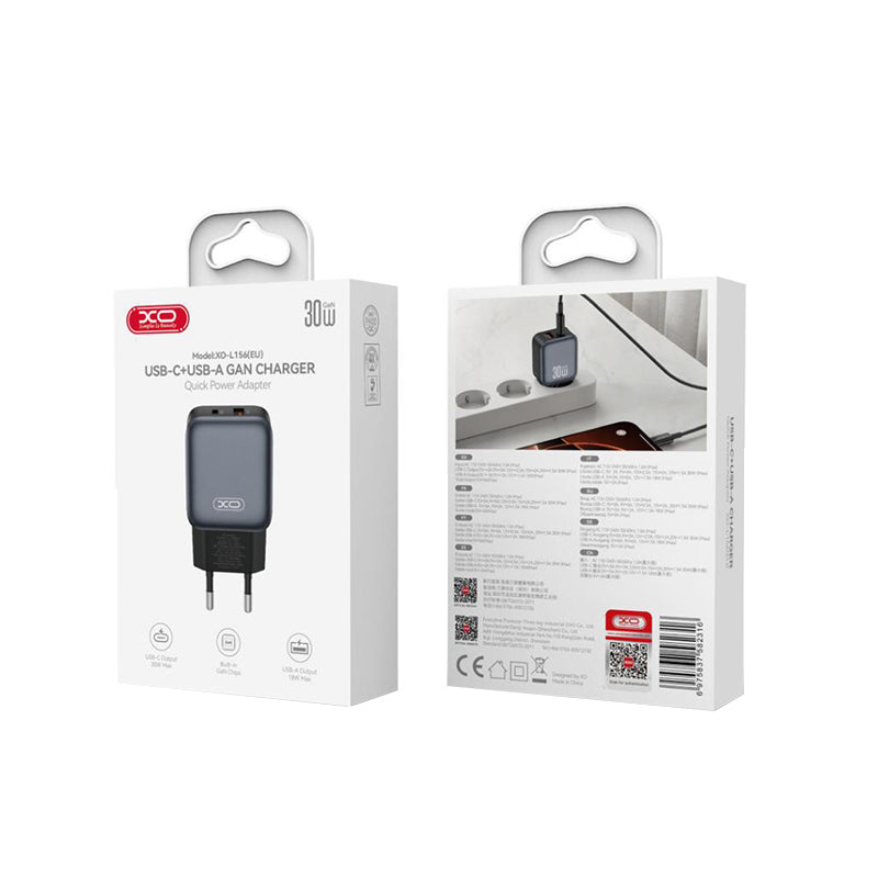 Netværksoplader XO Design L156, 30W, 3A, 1 x USB-A - 1 x USB-C, Sort