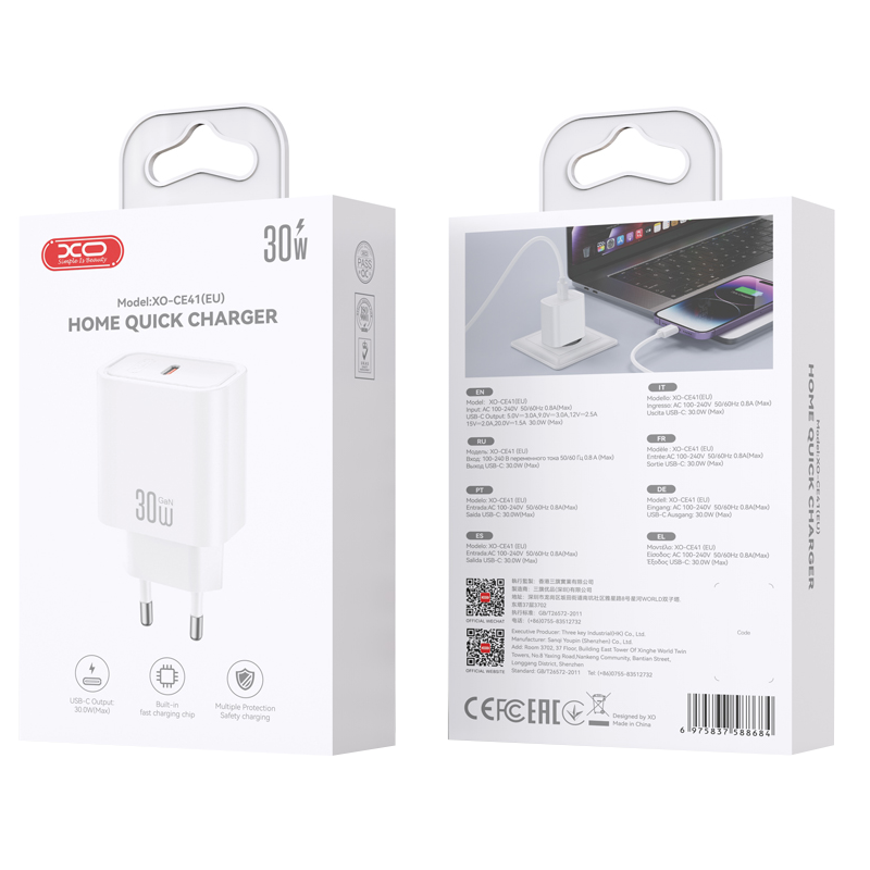 XO Design CE41 Network Charger, 30W, 3A, 1 x USB-C, White