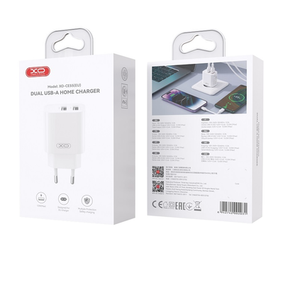 XO Design CE55 netoplader, 12 W, 2,4 A, 2 x USB-A, hvid