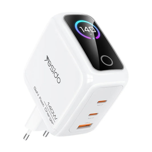 Yesido YC114 netoplader med display, 140W, 5A, 1 x USB-A - 2 x USB-C, hvid