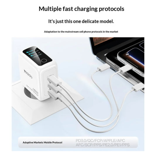 Yesido YC114 netoplader med display, 140W, 5A, 1 x USB-A - 2 x USB-C, hvid