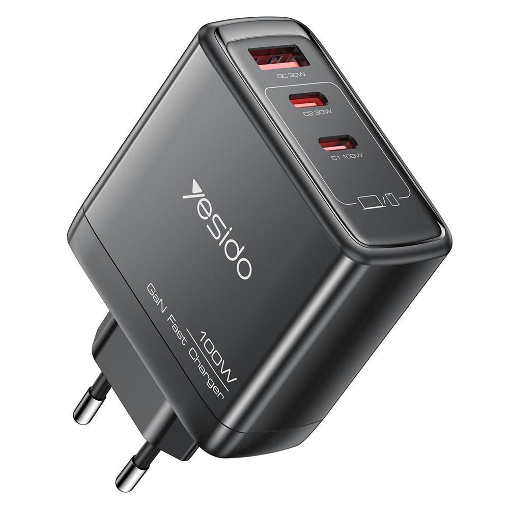 Netværksoplader Yesido YC142, 100W, 5A, 1 x USB-A - 2 x USB-C, Sort