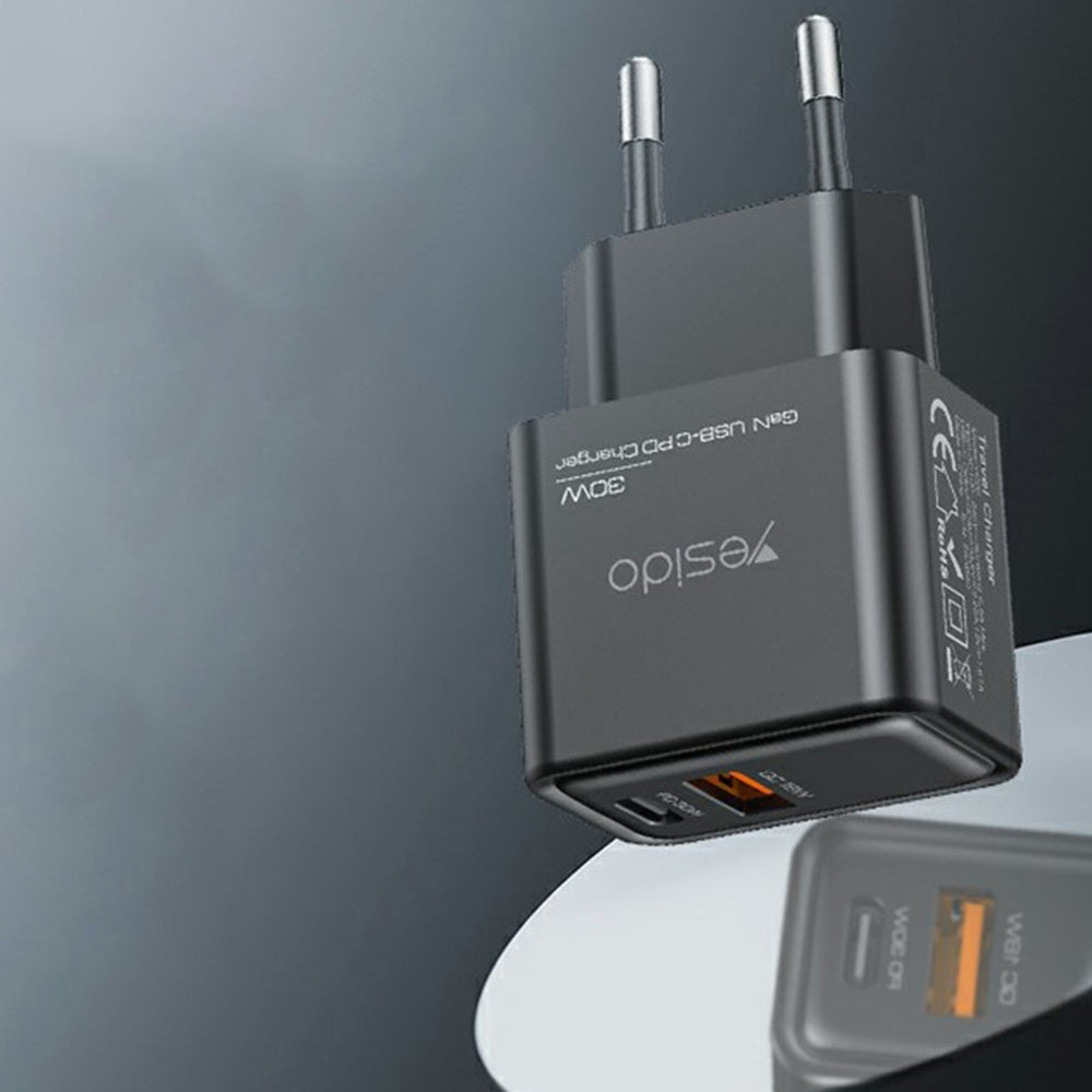 Netværksoplader Yesido YC64, 30W, 3A, 1 x USB-A - 1 x USB-C, Sort