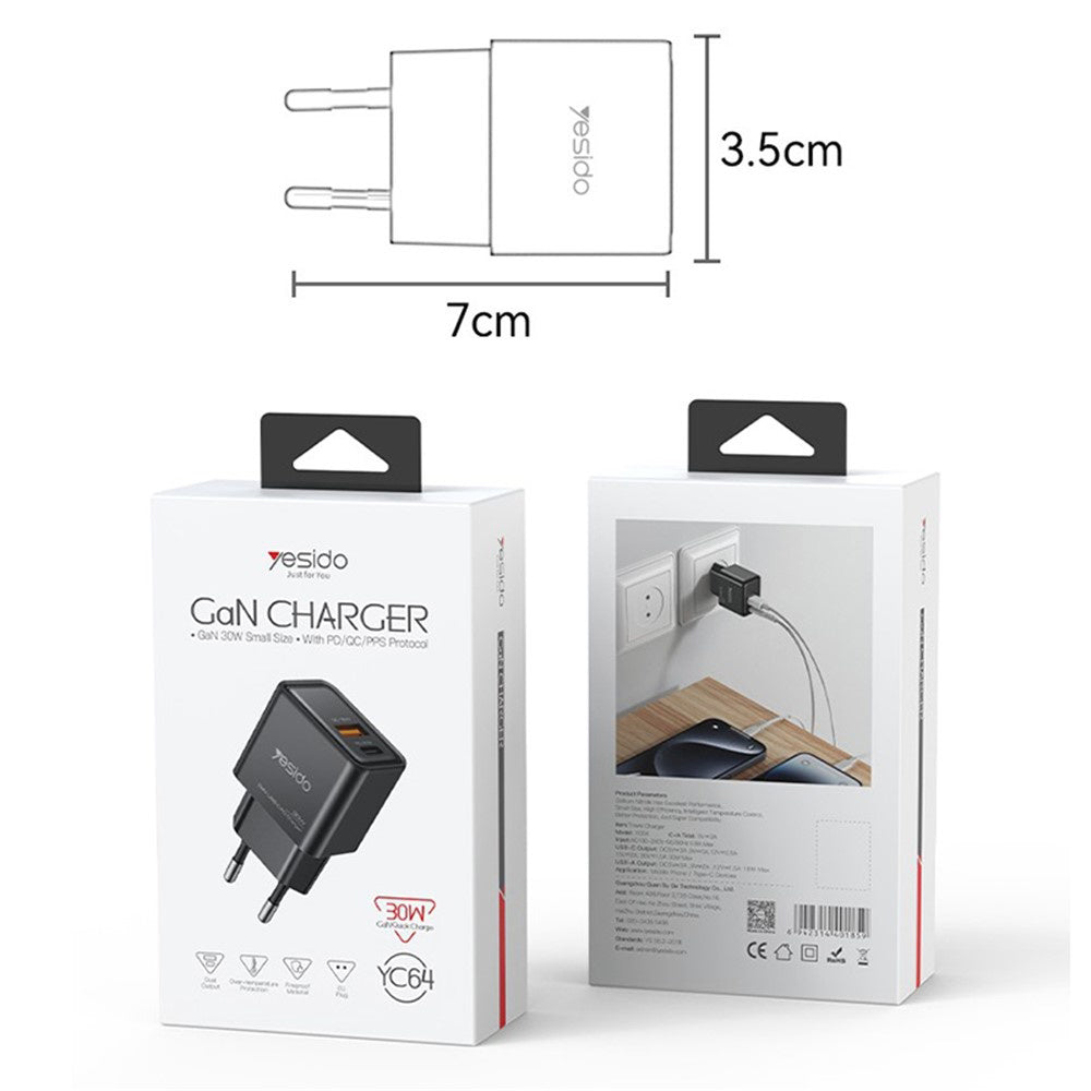 Netværksoplader Yesido YC64, 30W, 3A, 1 x USB-A - 1 x USB-C, Sort