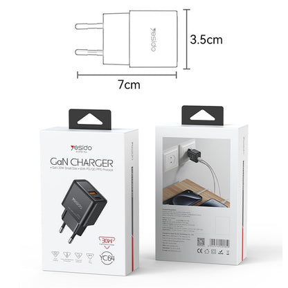 Netværksoplader Yesido YC64, 30W, 3A, 1 x USB-A - 1 x USB-C, Sort