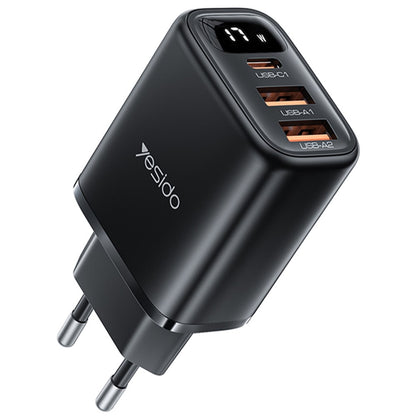 Yesido YC67 Display Netværksoplader, 17W, 2.4A, 2 x USB-A - 1 x USB-C, Sort