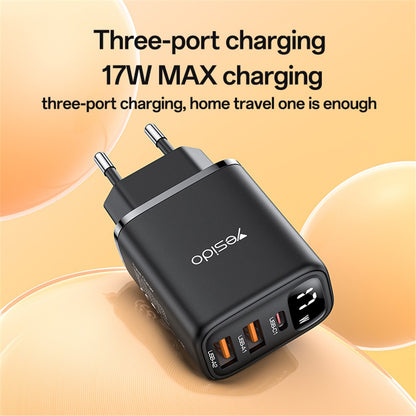 Yesido YC67 Display Netværksoplader, 17W, 2.4A, 2 x USB-A - 1 x USB-C, Sort