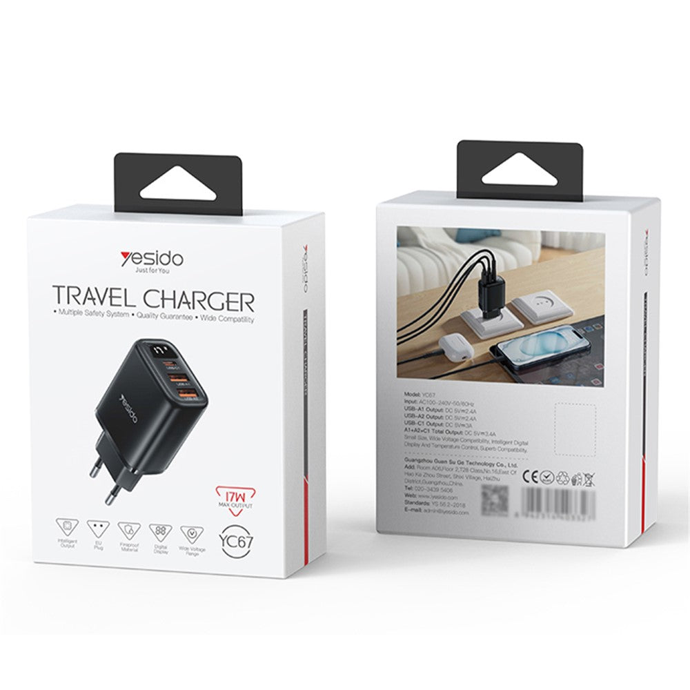 Yesido YC67 Display Netværksoplader, 17W, 2.4A, 2 x USB-A - 1 x USB-C, Sort