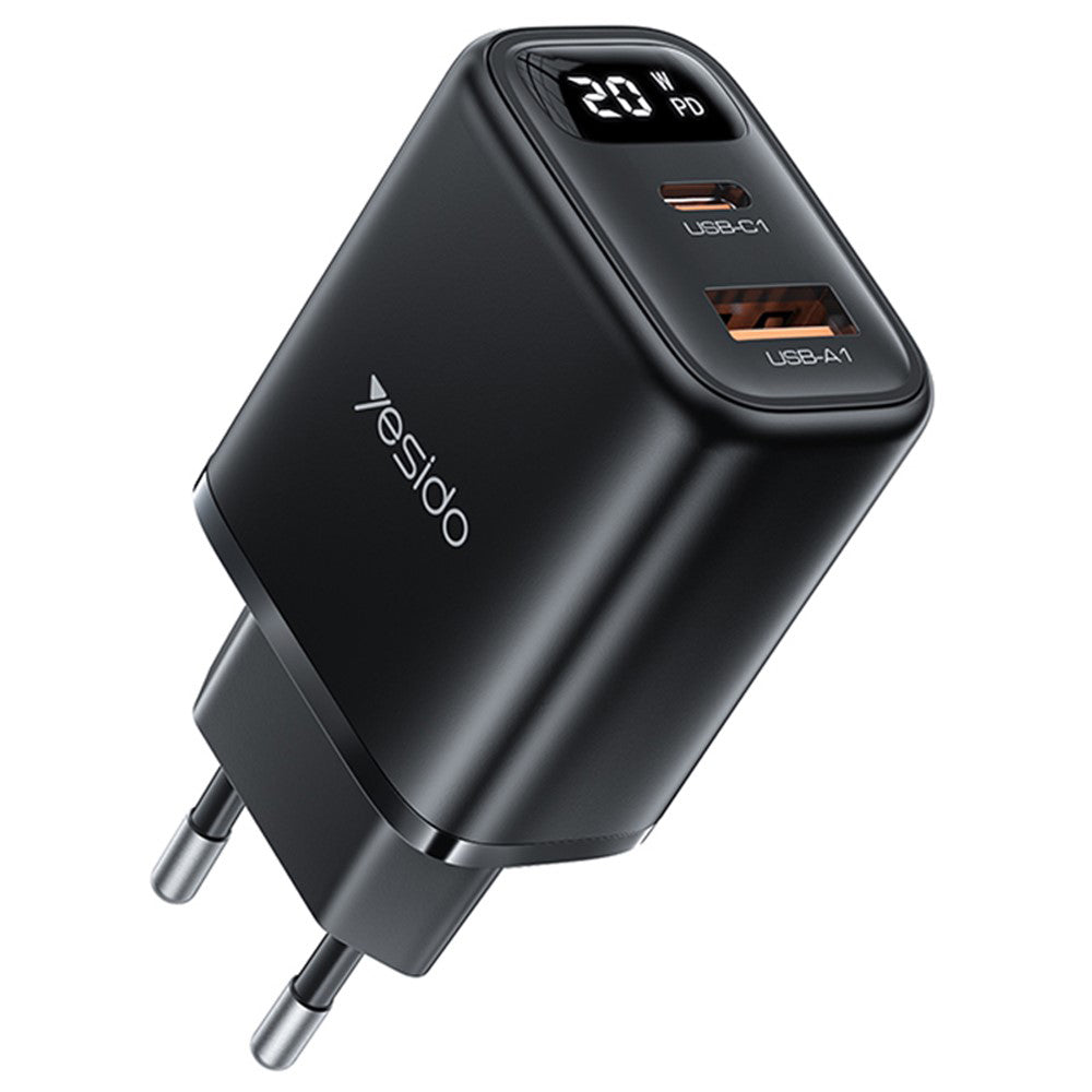 Netværksoplader Yesido YC68, 20W Display, 3A, 1 x USB-A - 1 x USB-C, Sort