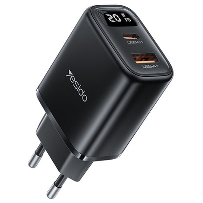 Netværksoplader Yesido YC68, 20W Display, 3A, 1 x USB-A - 1 x USB-C, Sort