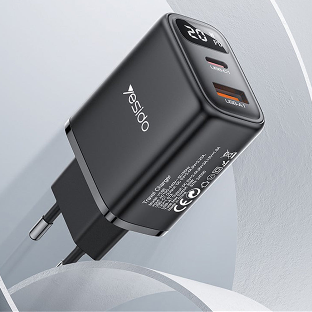 Netværksoplader Yesido YC68, 20W Display, 3A, 1 x USB-A - 1 x USB-C, Sort