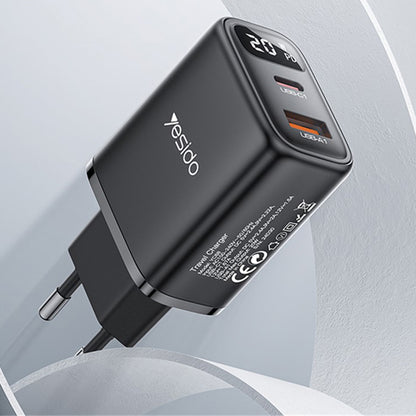 Netværksoplader Yesido YC68, 20W Display, 3A, 1 x USB-A - 1 x USB-C, Sort