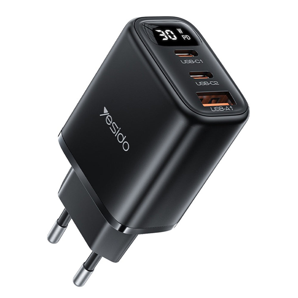 Netværksoplader Yesido YC69 Display, 30W, 3A, 1 x USB-A - 2 x USB-C, Sort