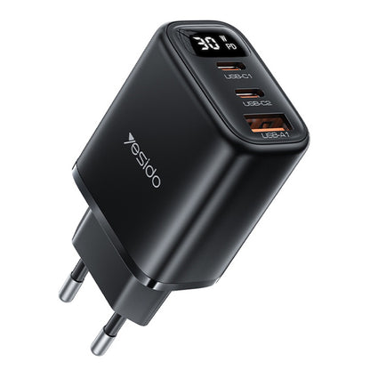 Netværksoplader Yesido YC69 Display, 30W, 3A, 1 x USB-A - 2 x USB-C, Sort