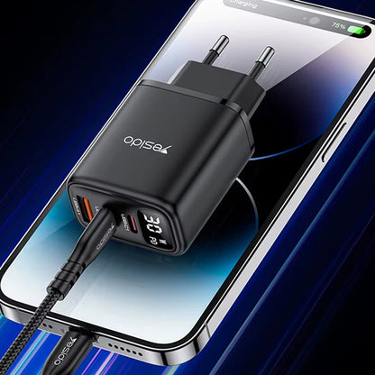 Netværksoplader Yesido YC69 Display, 30W, 3A, 1 x USB-A - 2 x USB-C, Sort