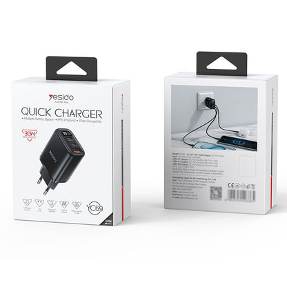 Netværksoplader Yesido YC69 Display, 30W, 3A, 1 x USB-A - 2 x USB-C, Sort
