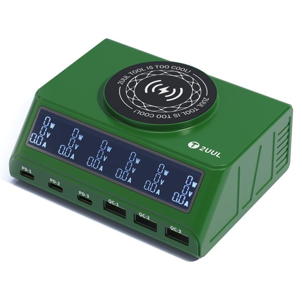 Oplader Station 2UUL PC11 QI, 110W, 3A, 3 x USB-A - 3 x USB-C, Grøn