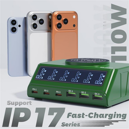 Oplader Station 2UUL PC11 QI, 110W, 3A, 3 x USB-A - 3 x USB-C, Grøn