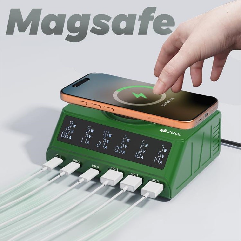 Oplader Station 2UUL PC11 QI, 110W, 3A, 3 x USB-A - 3 x USB-C, Grøn