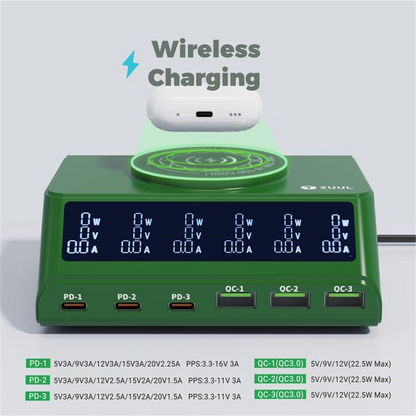 Oplader Station 2UUL PC11 QI, 110W, 3A, 3 x USB-A - 3 x USB-C, Grøn