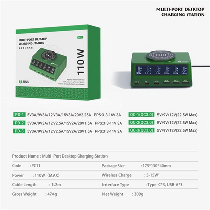 Oplader Station 2UUL PC11 QI, 110W, 3A, 3 x USB-A - 3 x USB-C, Grøn