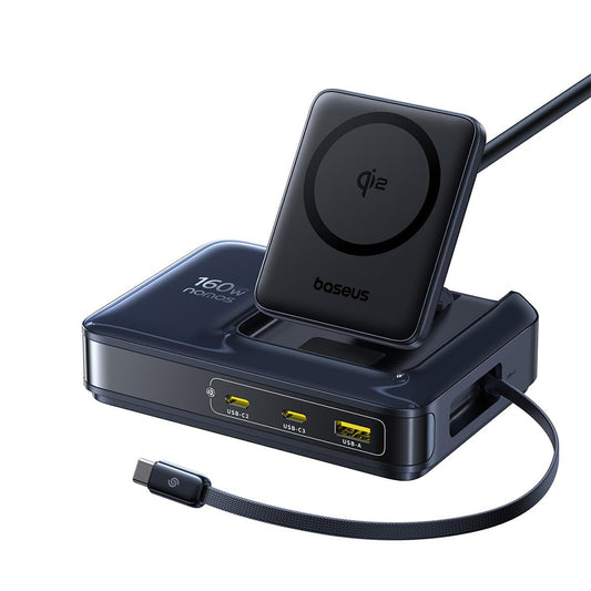 Baseus Nomos NH21 QI 5i1 Opladerstation, 160W, 5A, 1 x USB-A - 2 x USB-C, Sort E0121700