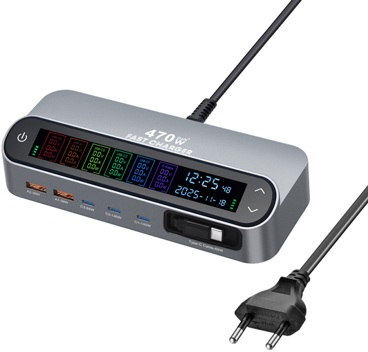 Stationær Oplader med USB-C Kabel OEM LCD470W, 470W, 5A, 2 x USB-A - 3 x USB-C, Grå