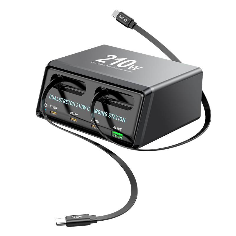Oplader Station Med USB-C Kabel OEM WLX-60E, 210W, 3A, 1 x USB-A - 3 x USB-C, Grå