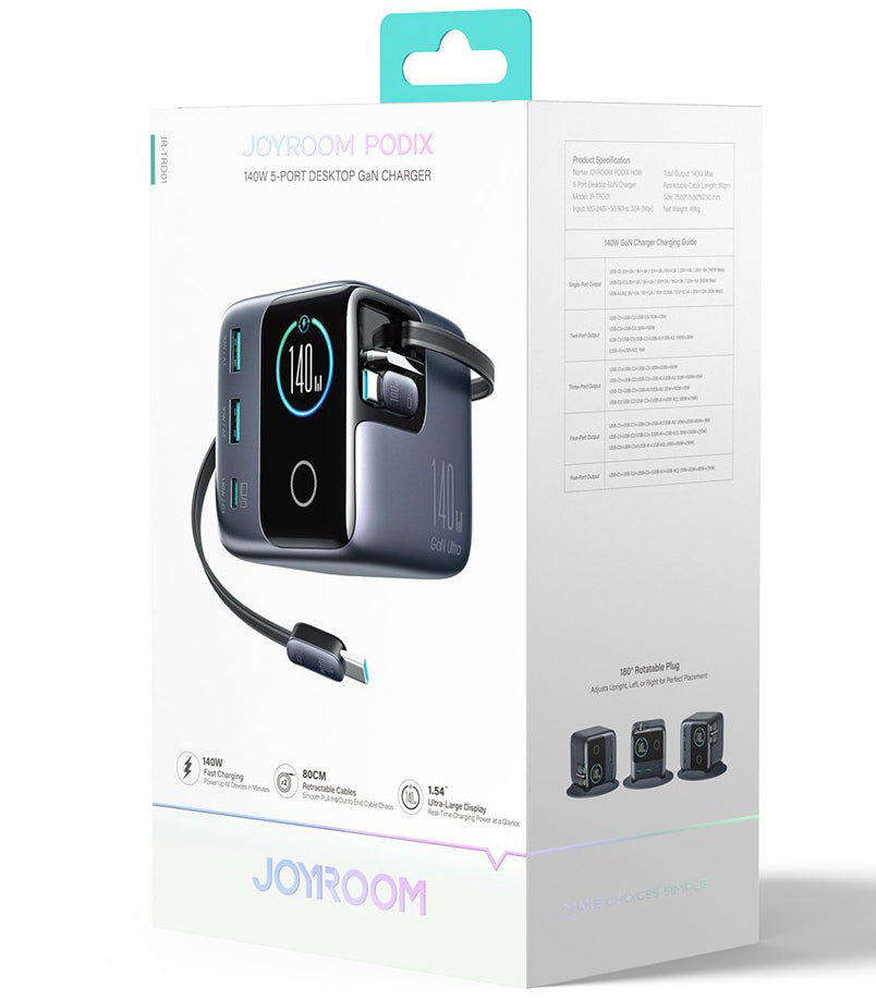 Opladerstation med USB-C kabel Joyroom Podix JR-TRD01, 140W, 1 x USB-C - 2 x USB-A, Grå