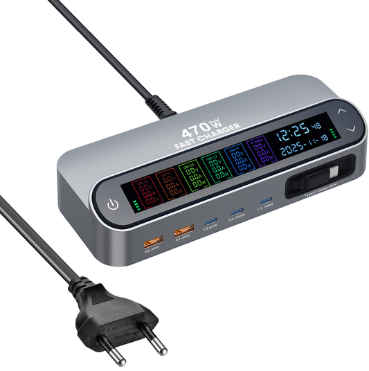 Stationær Oplader med USB-C Kabel OEM LCD470W, 470W, 5A, 2 x USB-A - 3 x USB-C, Grå