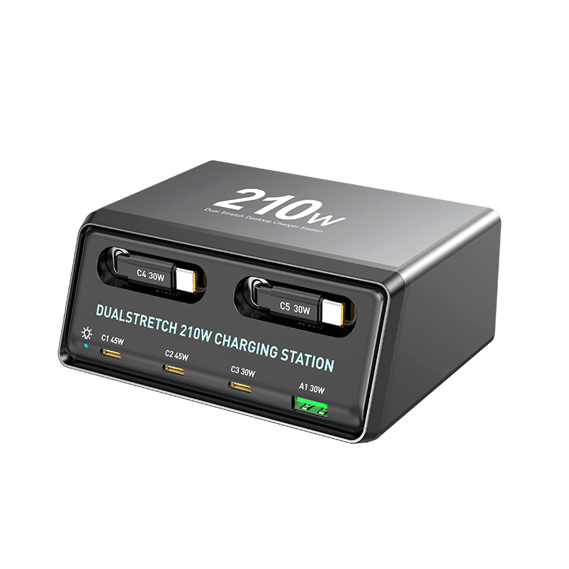 Oplader Station Med USB-C Kabel OEM WLX-60E, 210W, 3A, 1 x USB-A - 3 x USB-C, Grå