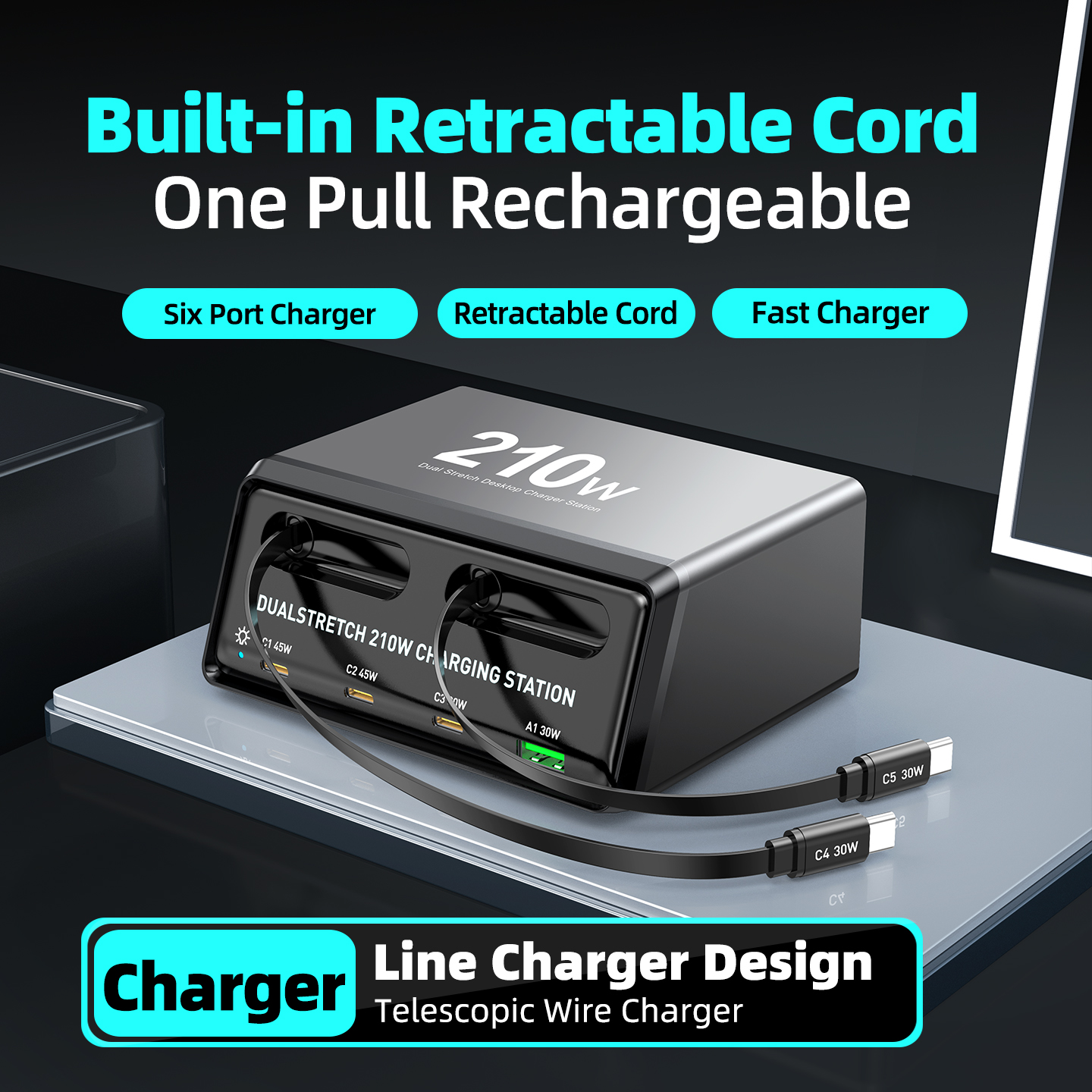 Oplader Station Med USB-C Kabel OEM WLX-60E, 210W, 3A, 1 x USB-A - 3 x USB-C, Grå