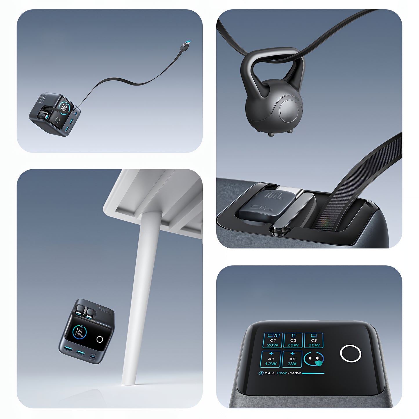 Opladerstation med USB-C kabel Joyroom Podix JR-TRD01, 140W, 1 x USB-C - 2 x USB-A, Grå