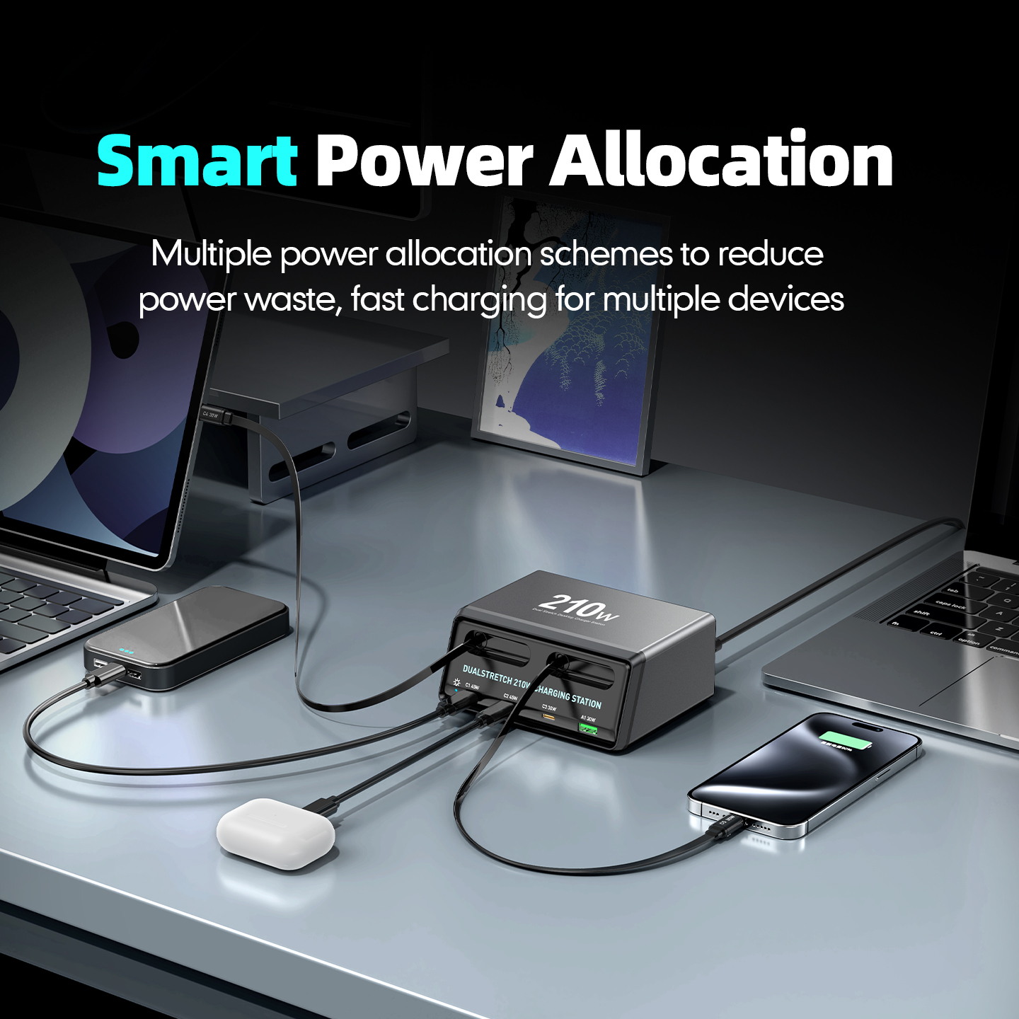 Oplader Station Med USB-C Kabel OEM WLX-60E, 210W, 3A, 1 x USB-A - 3 x USB-C, Grå