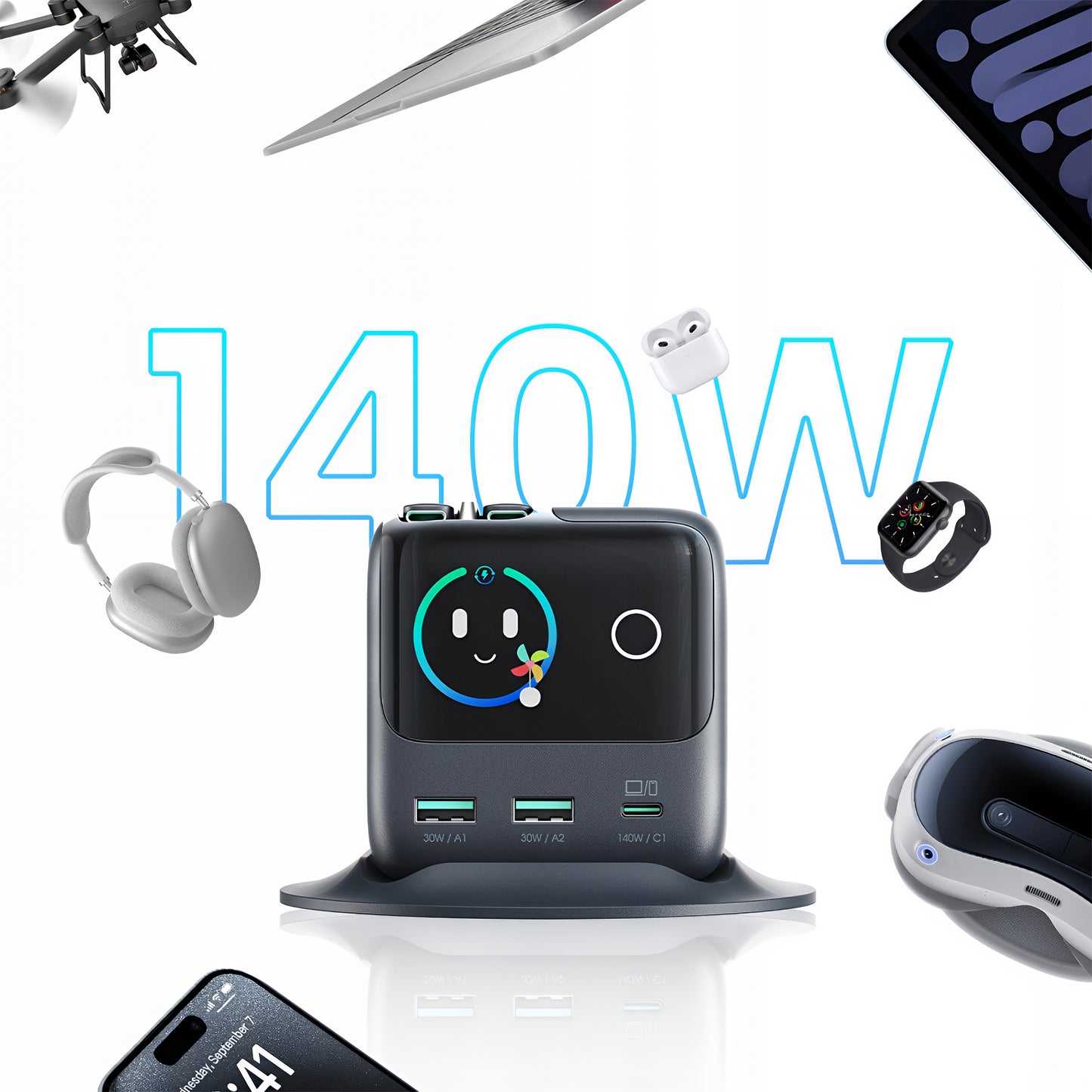 Opladerstation med USB-C kabel Joyroom Podix JR-TRD01, 140W, 1 x USB-C - 2 x USB-A, Grå