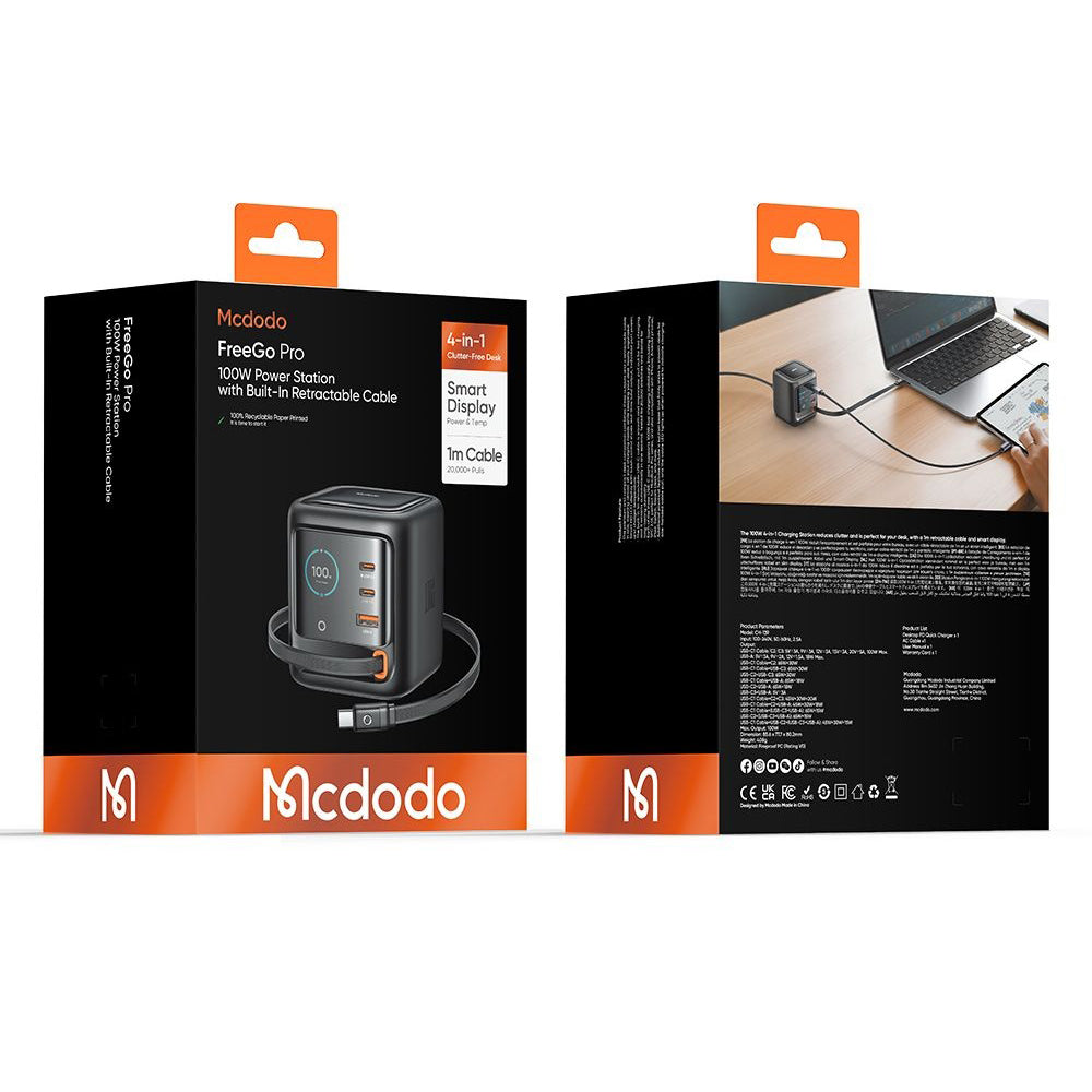 Opladerstation med USB-C-kabel Mcdodo FreeGo CH-1391 Display, 100W, 5A, 1 x USB-A - 2 x USB-C, Sort