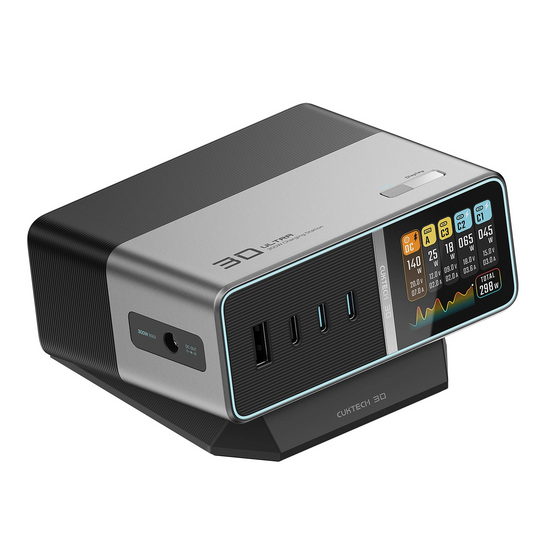Cuktech TA3005U opladningsstation, 300W, 1 x DC - 1 x USB-A - 3 x USB-C, Grå