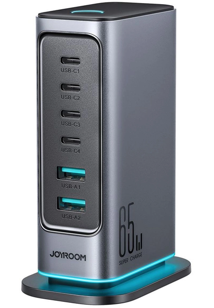 Joyroom JR-TCM02 UK Stationoplader, 65W, 3,25A, 2 x USB-A - 4 x USB-C, Grå