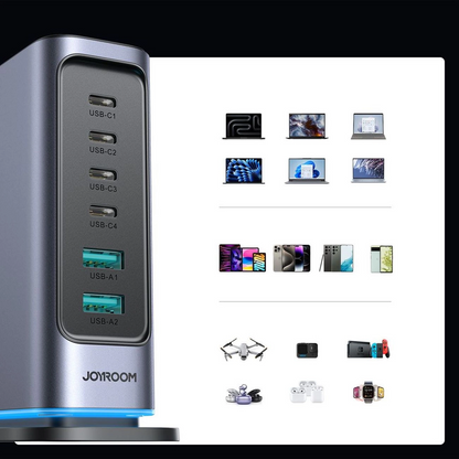 Joyroom JR-TCM02 UK Stationoplader, 65W, 3,25A, 2 x USB-A - 4 x USB-C, Grå