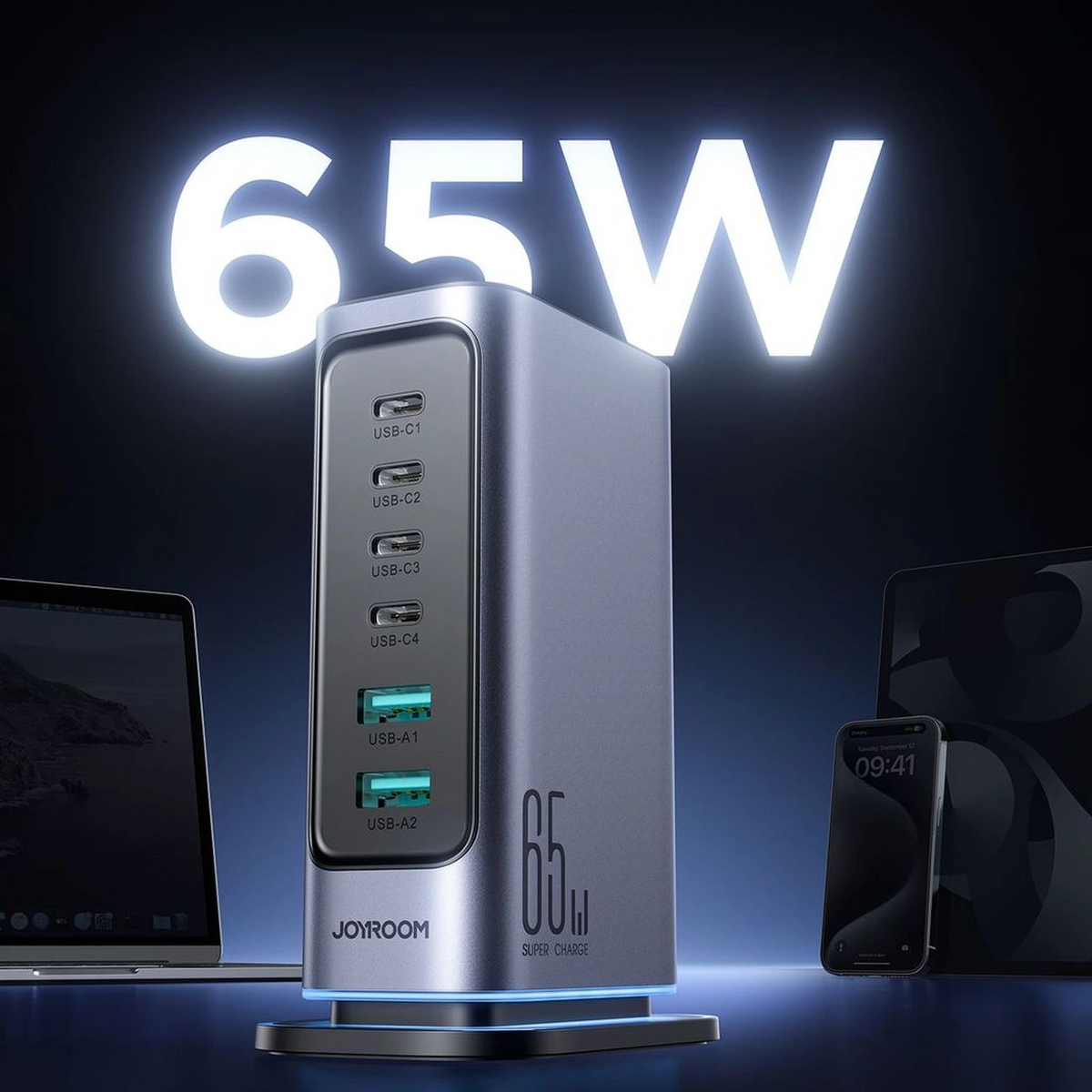 Joyroom JR-TCM02 UK Stationoplader, 65W, 3,25A, 2 x USB-A - 4 x USB-C, Grå