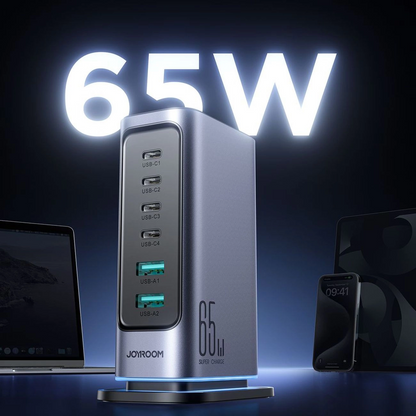 Joyroom JR-TCM02 UK Stationoplader, 65W, 3,25A, 2 x USB-A - 4 x USB-C, Grå