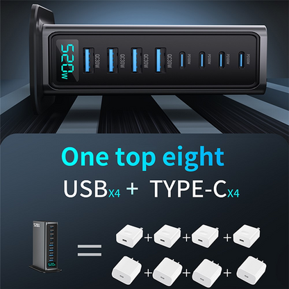 OEM Station Oplader, 520W, 5A, 4 x USB-A - 4 x USB-C, Grå