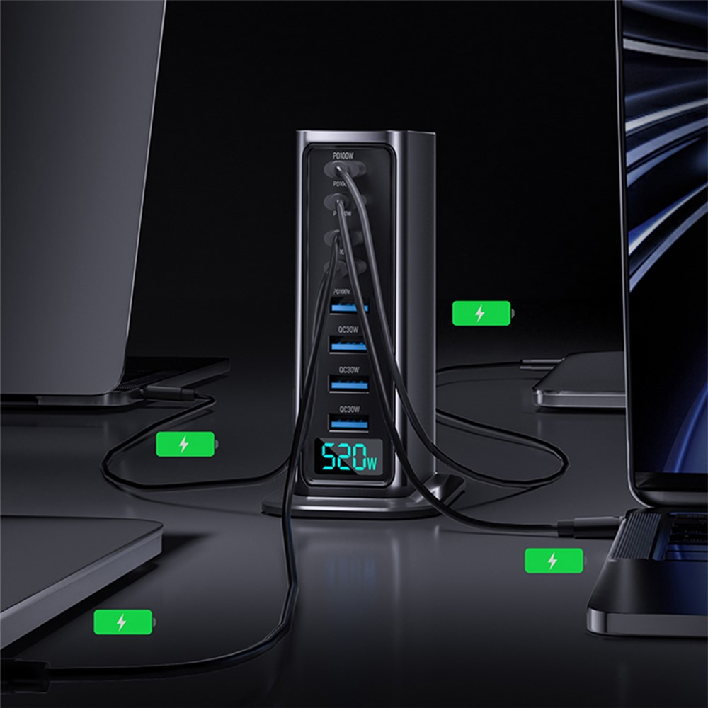 OEM Station Oplader, 520W, 5A, 4 x USB-A - 4 x USB-C, Grå