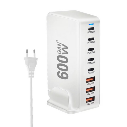 OEM Station Oplader, 600W, 4 x USB-A - 4 x USB-C, Hvid