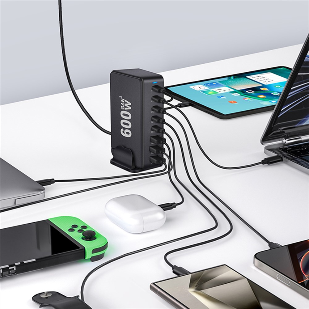 OEM Station Oplader, 600W, 4 x USB-A - 4 x USB-C, Sort