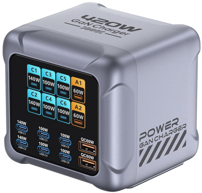 OEM BK-126D Stationoplader, 140W, 5A, 2 x USB-A - 6 x USB-C, Grå