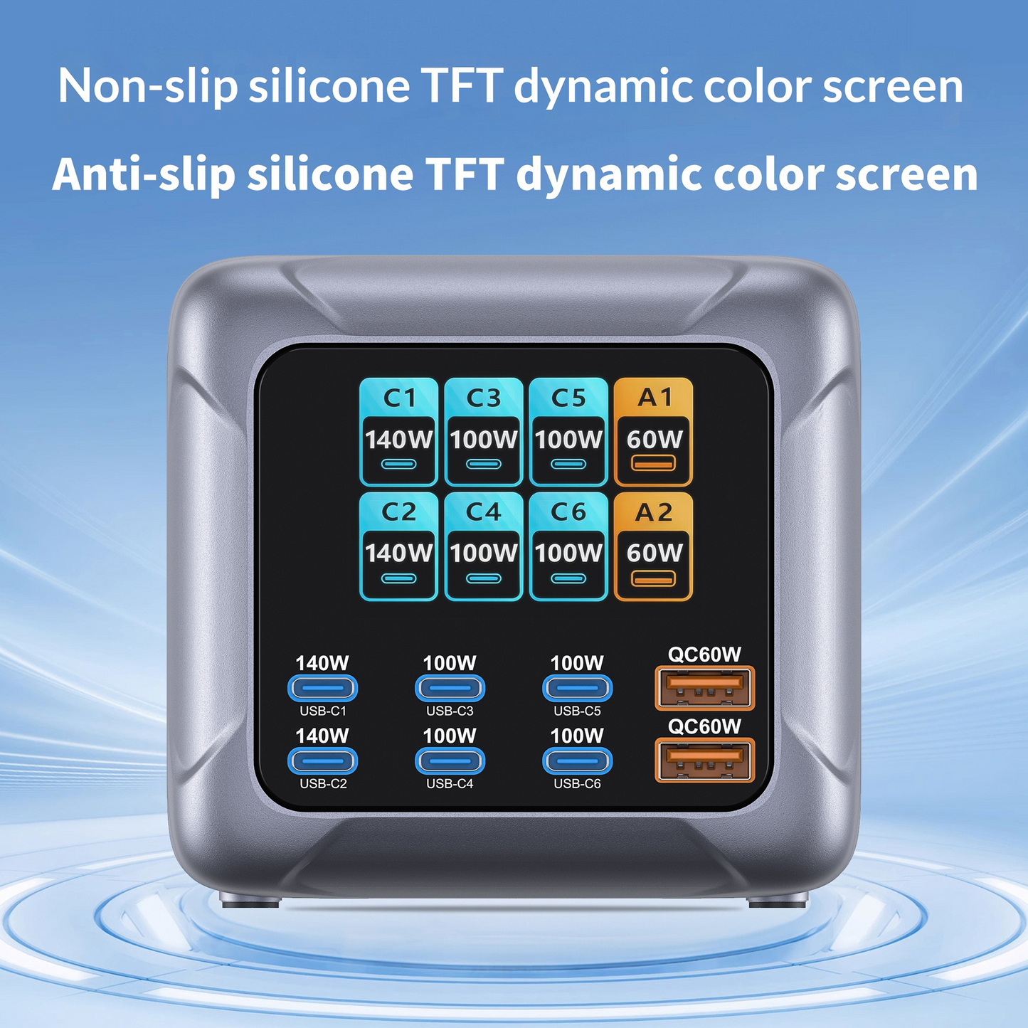 OEM BK-126D Stationoplader, 140W, 5A, 2 x USB-A - 6 x USB-C, Grå