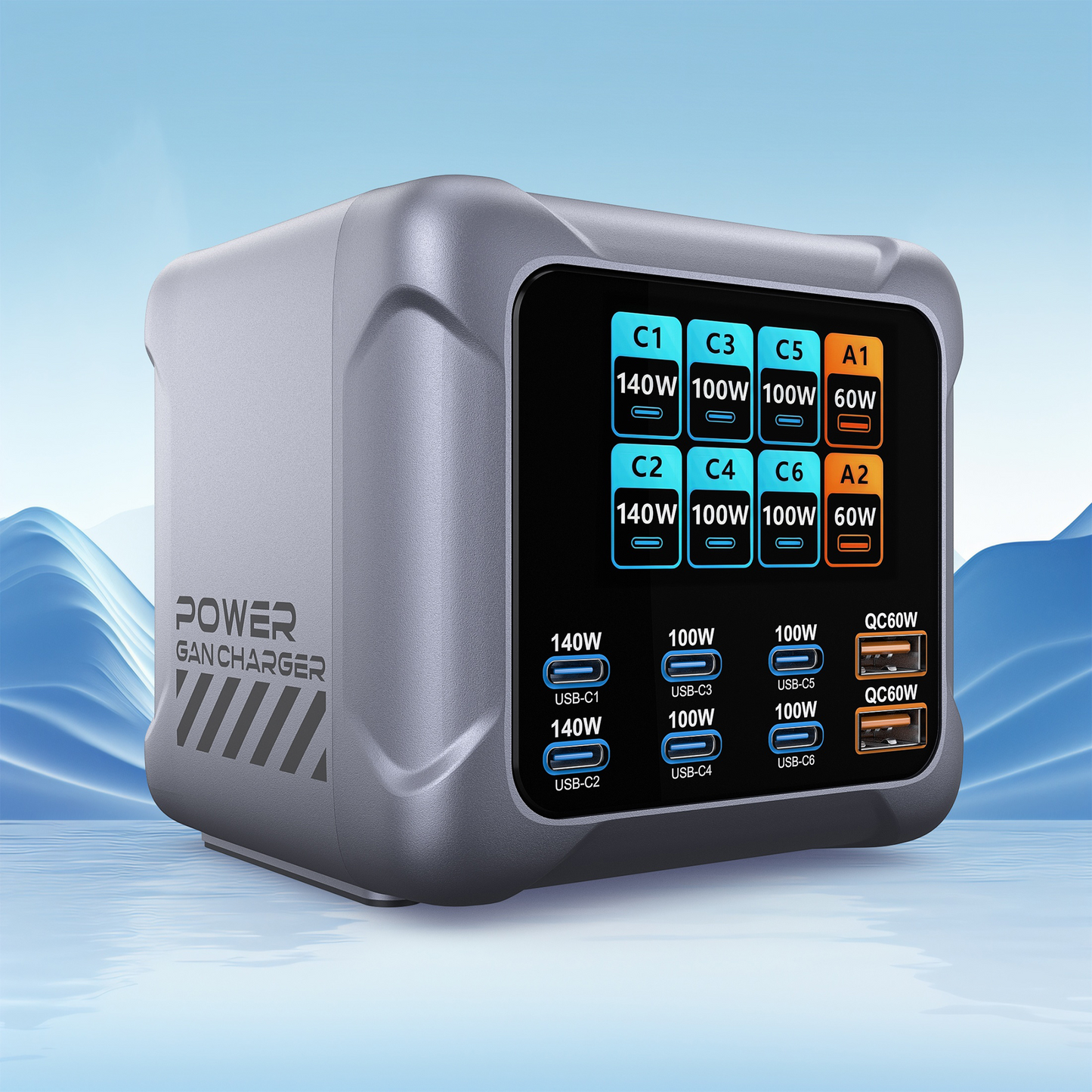 OEM BK-126D Stationoplader, 140W, 5A, 2 x USB-A - 6 x USB-C, Grå