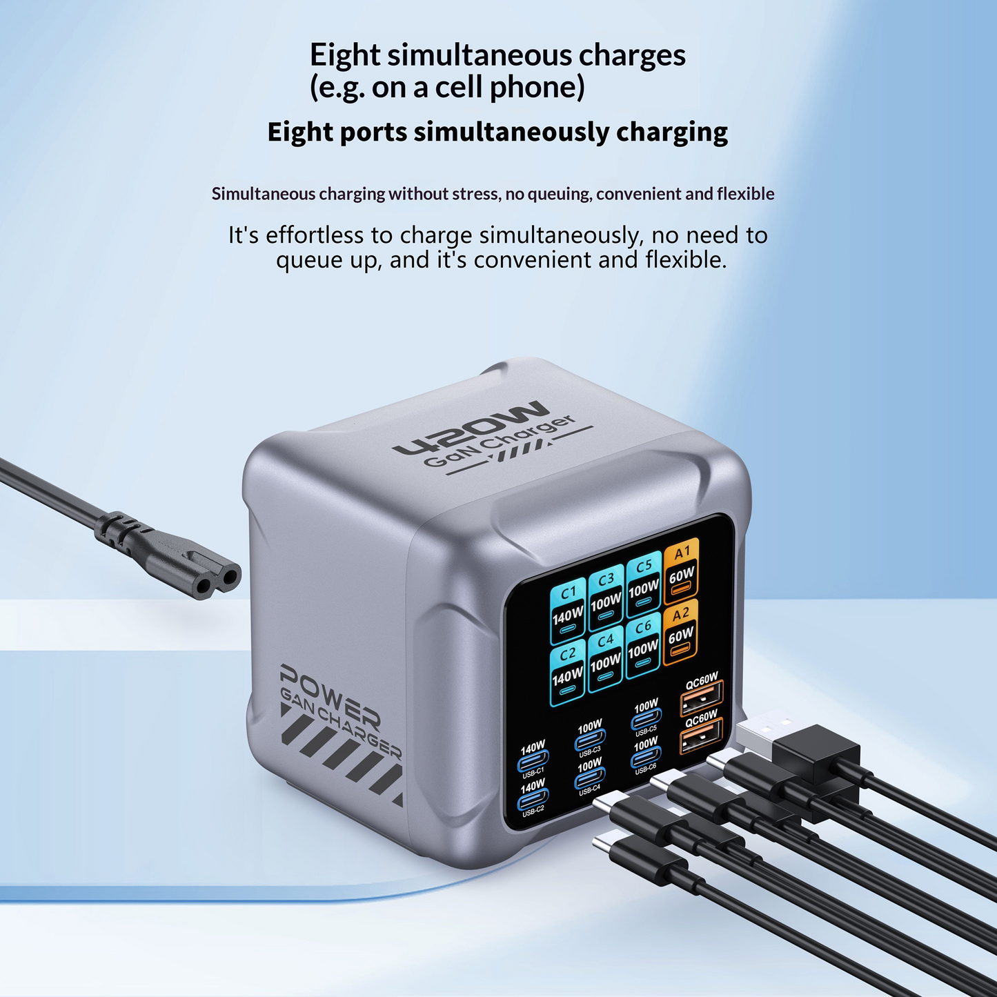 OEM BK-126D Stationoplader, 140W, 5A, 2 x USB-A - 6 x USB-C, Grå