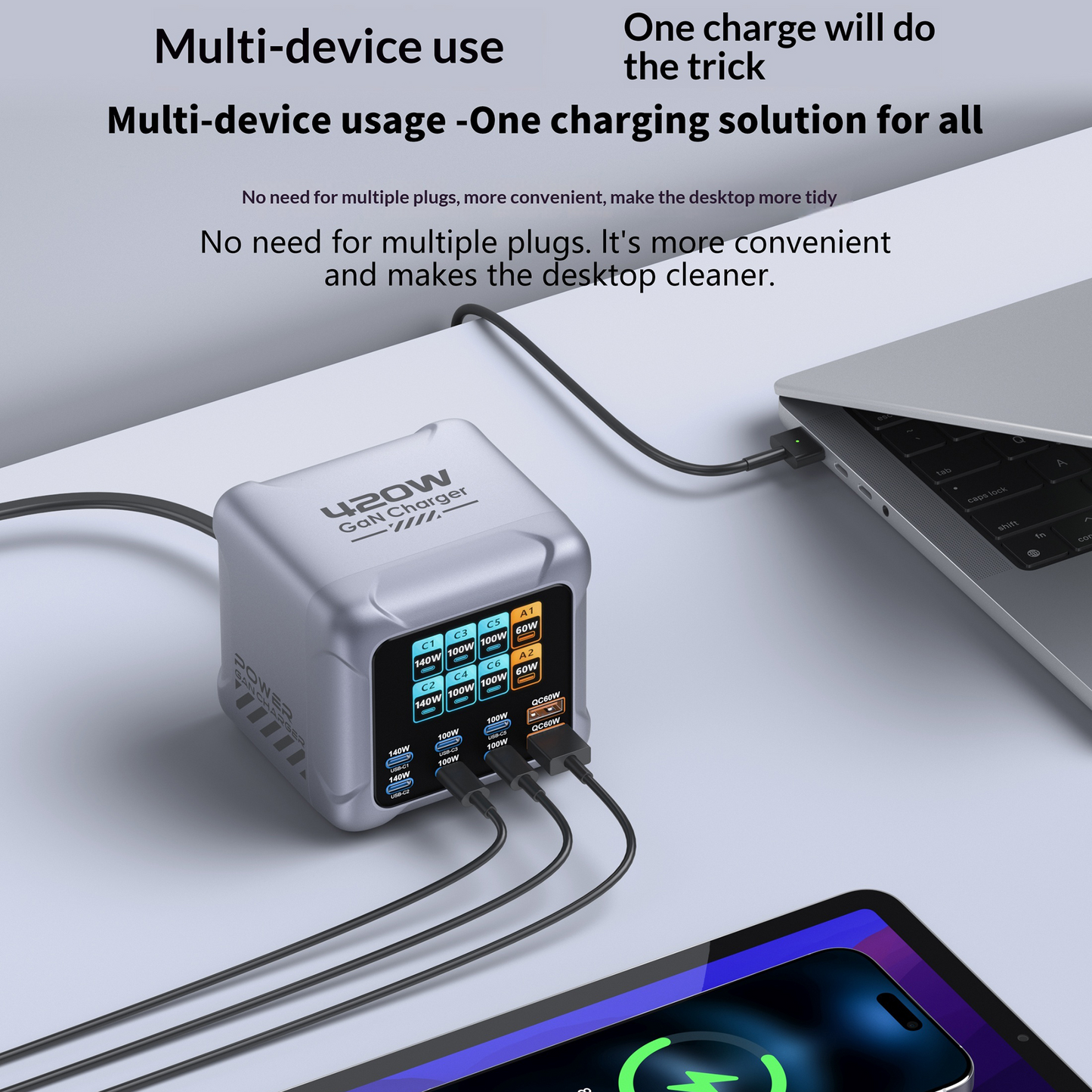 OEM BK-126D Stationoplader, 140W, 5A, 2 x USB-A - 6 x USB-C, Grå